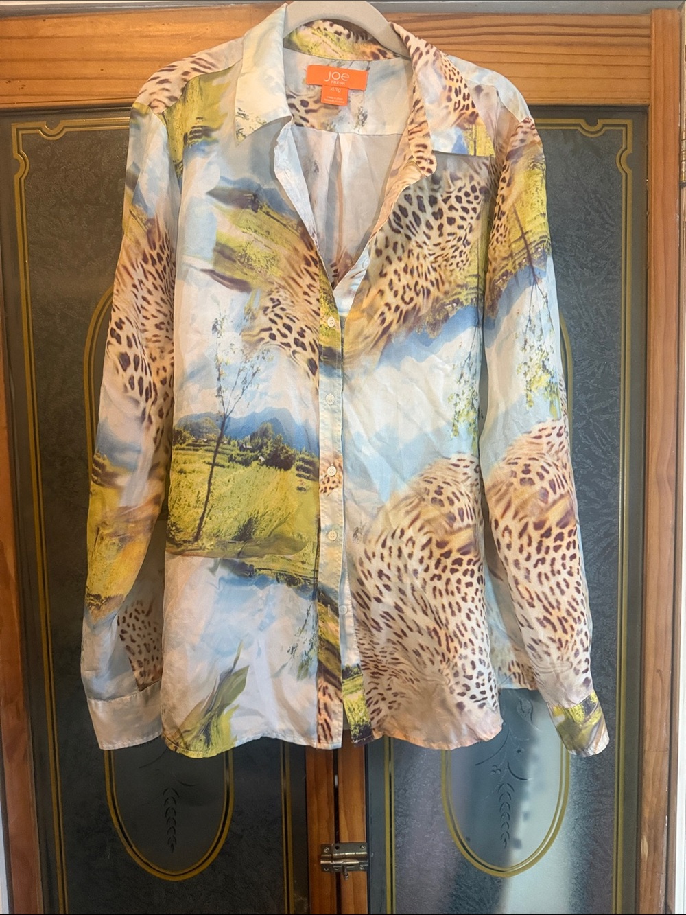 Joe Fresh Scenic & Leopard Print Button-Down Shirt in Blue, Green, Brown